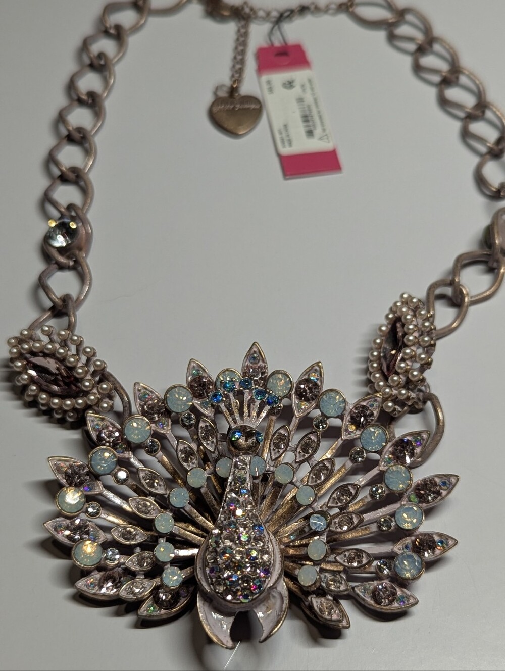 Betsey Johnson Opalescent Peacock Bib Necklace with Pink Rhinestones